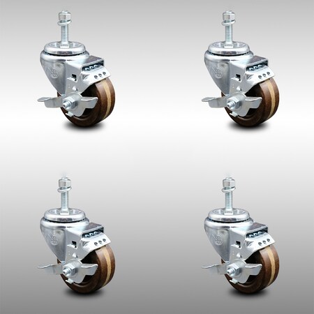 Service Caster 3 Inch SS High Temp Phenolic Swivel 10mm Threaded Stem Caster Set Brake SCC SCC-SSTS20S314-PHSHT-TLB-M1015-4